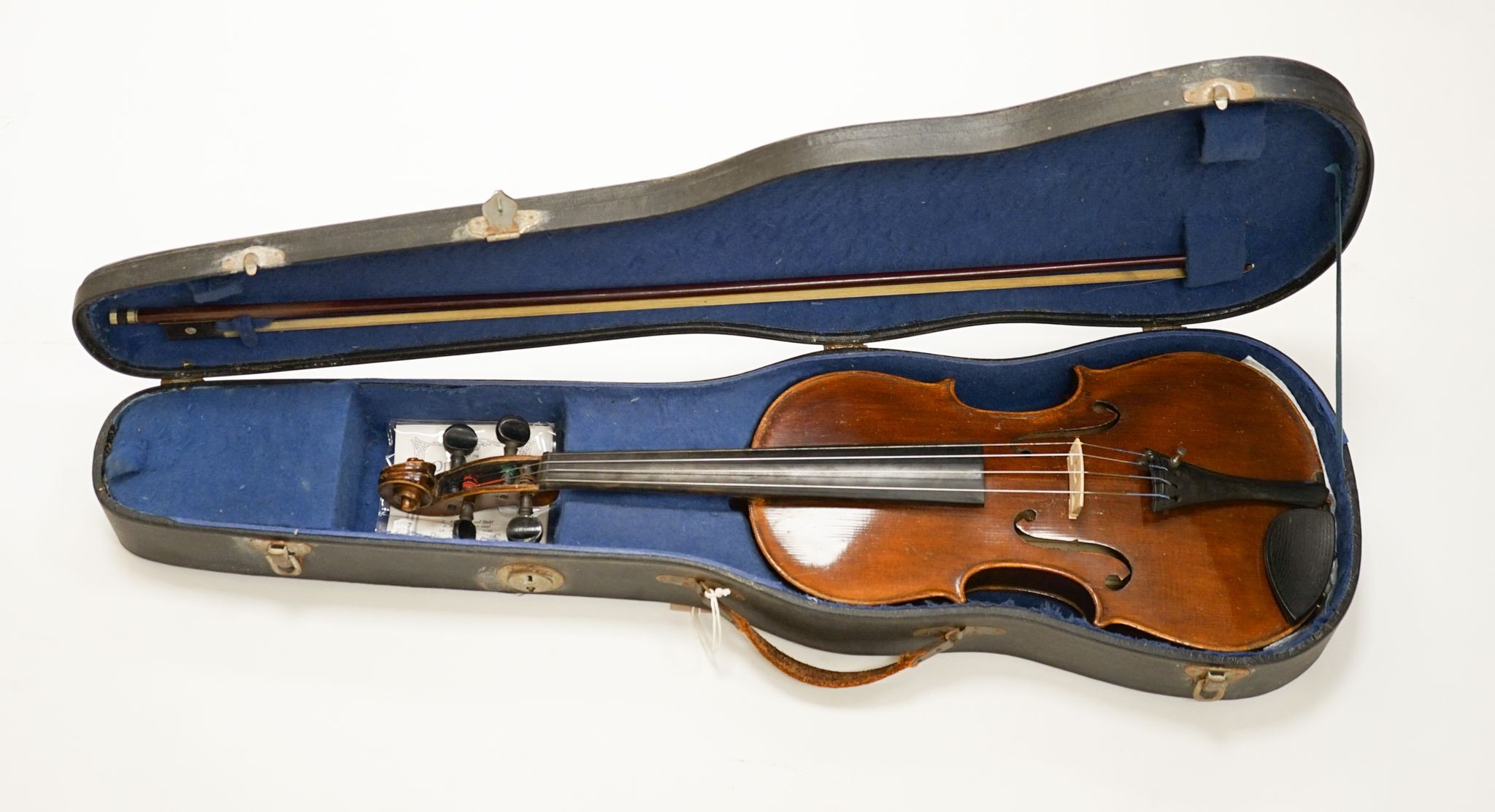 A Maidstone violin, with bow, cased., violin 59 cms high.